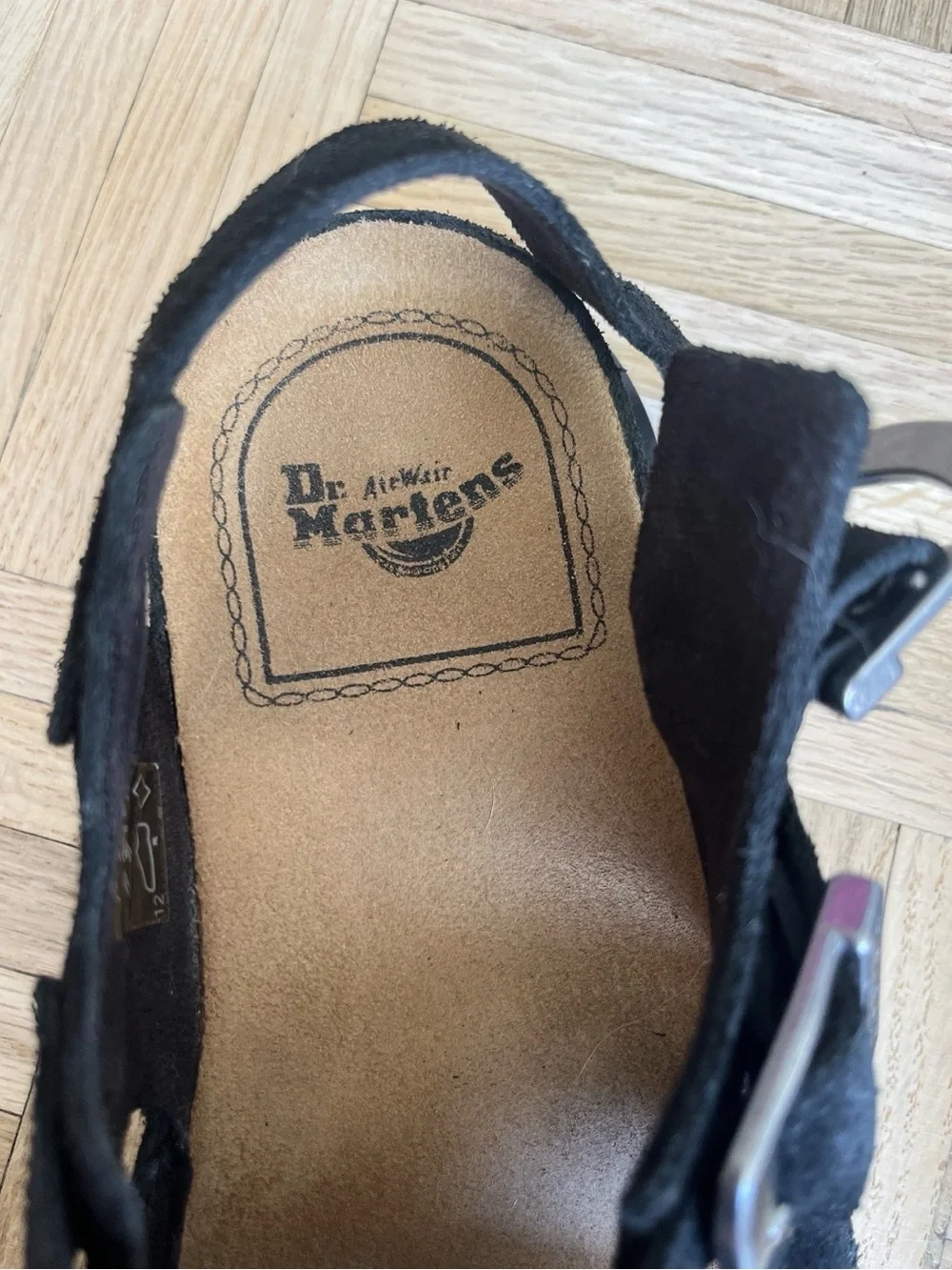 Dr. Martens Black Suede Buckle Fisherman Sandals with Yellow Stitching